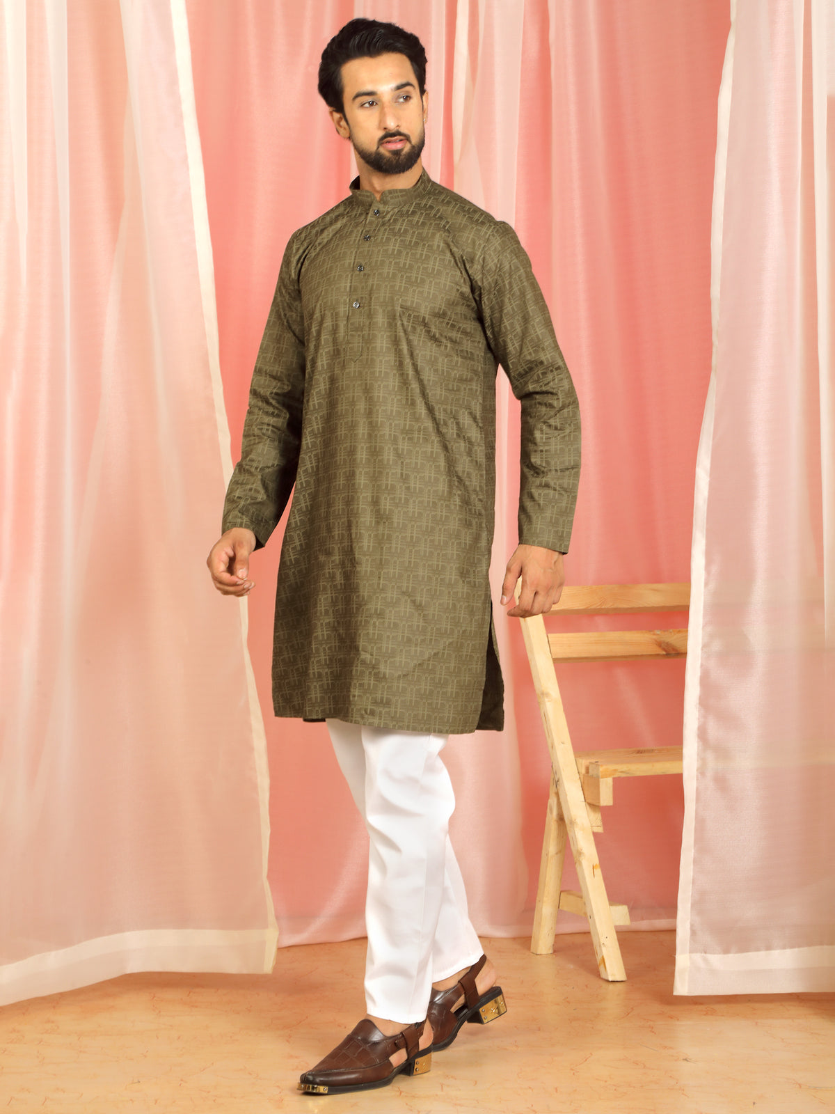 Men's Cotton Geometric Patterned Straight Kurta with Trouser Set - Mehndi