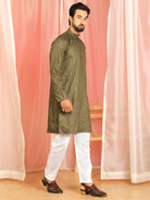 Men's Cotton Geometric Patterned Straight Kurta with Trouser Set - Mehndi