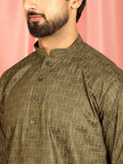 Men's Cotton Geometric Patterned Straight Kurta with Trouser Set - Mehndi