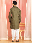 Men Cotton Geometric Mandarin Collor Kurta - Olive Green