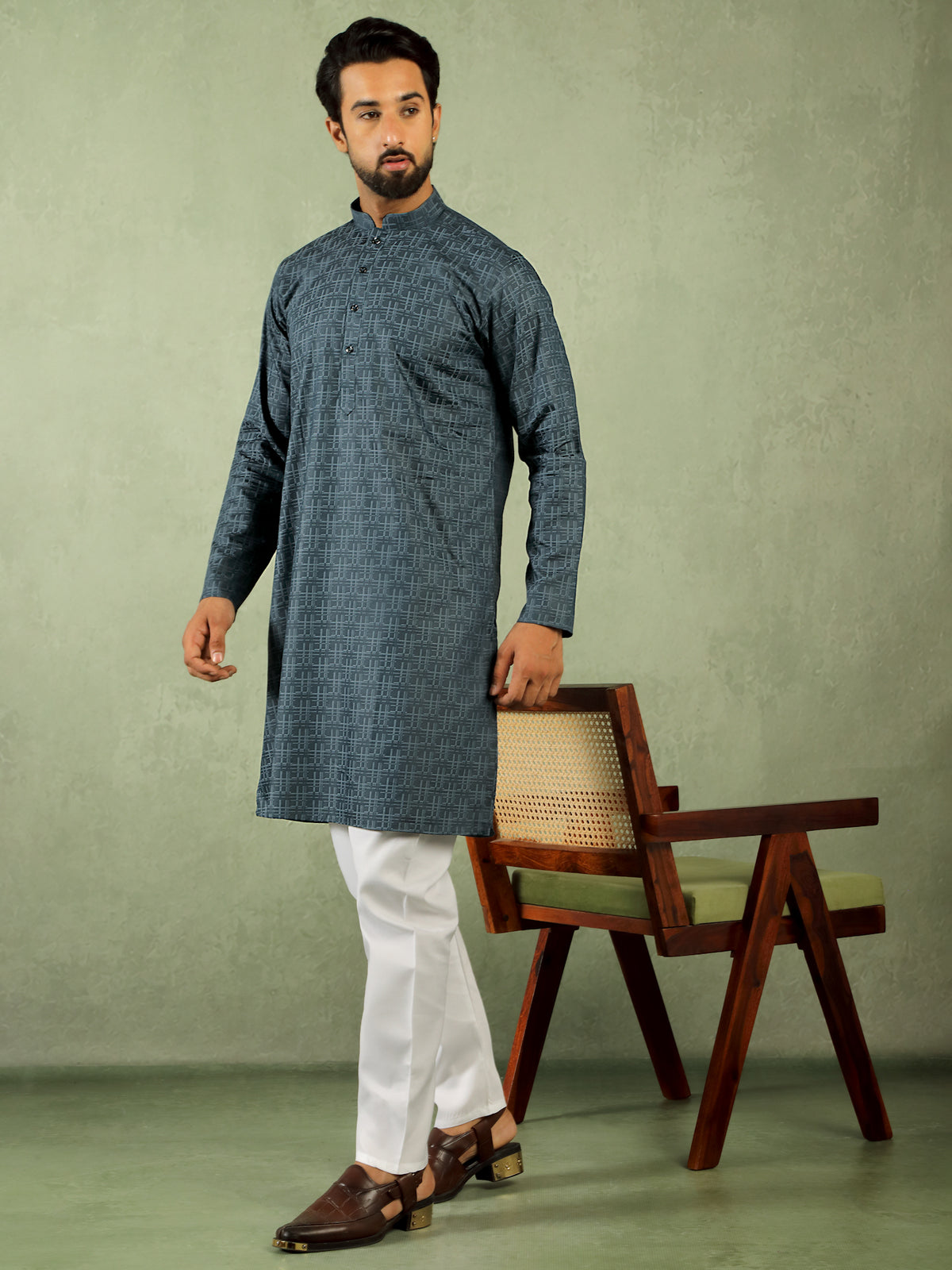 Men's Cotton Geometric Patterned Straight Kurta with Trouser Set - Navy Blue