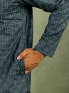 Men's Cotton Geometric Patterned Straight Kurta with Trouser Set - Navy Blue