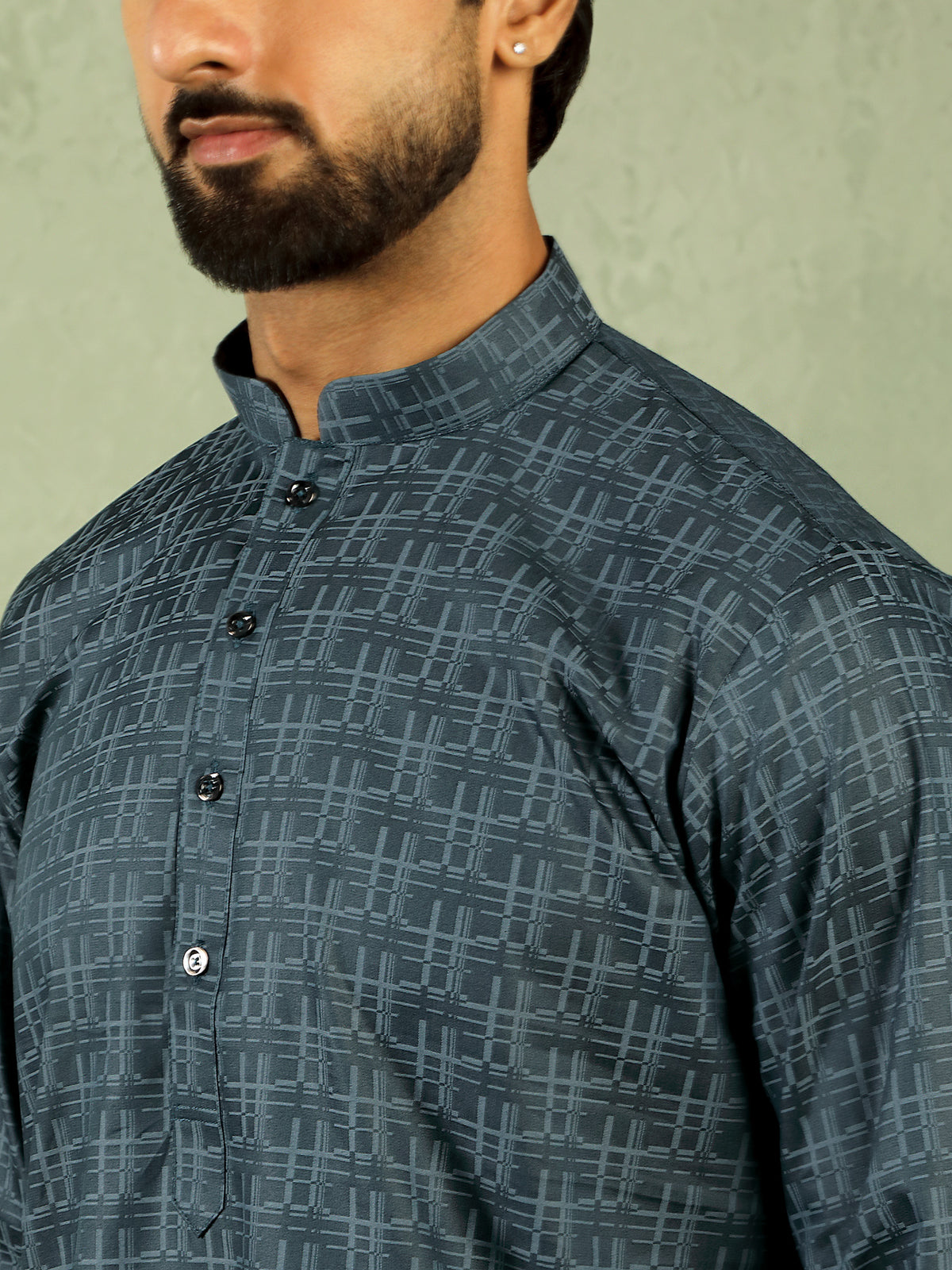 Men's Cotton Geometric Patterned Straight Kurta with Trouser Set - Navy Blue