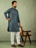 Men Cotton Geometric Mandarin Collor Kurta - Navy Blue