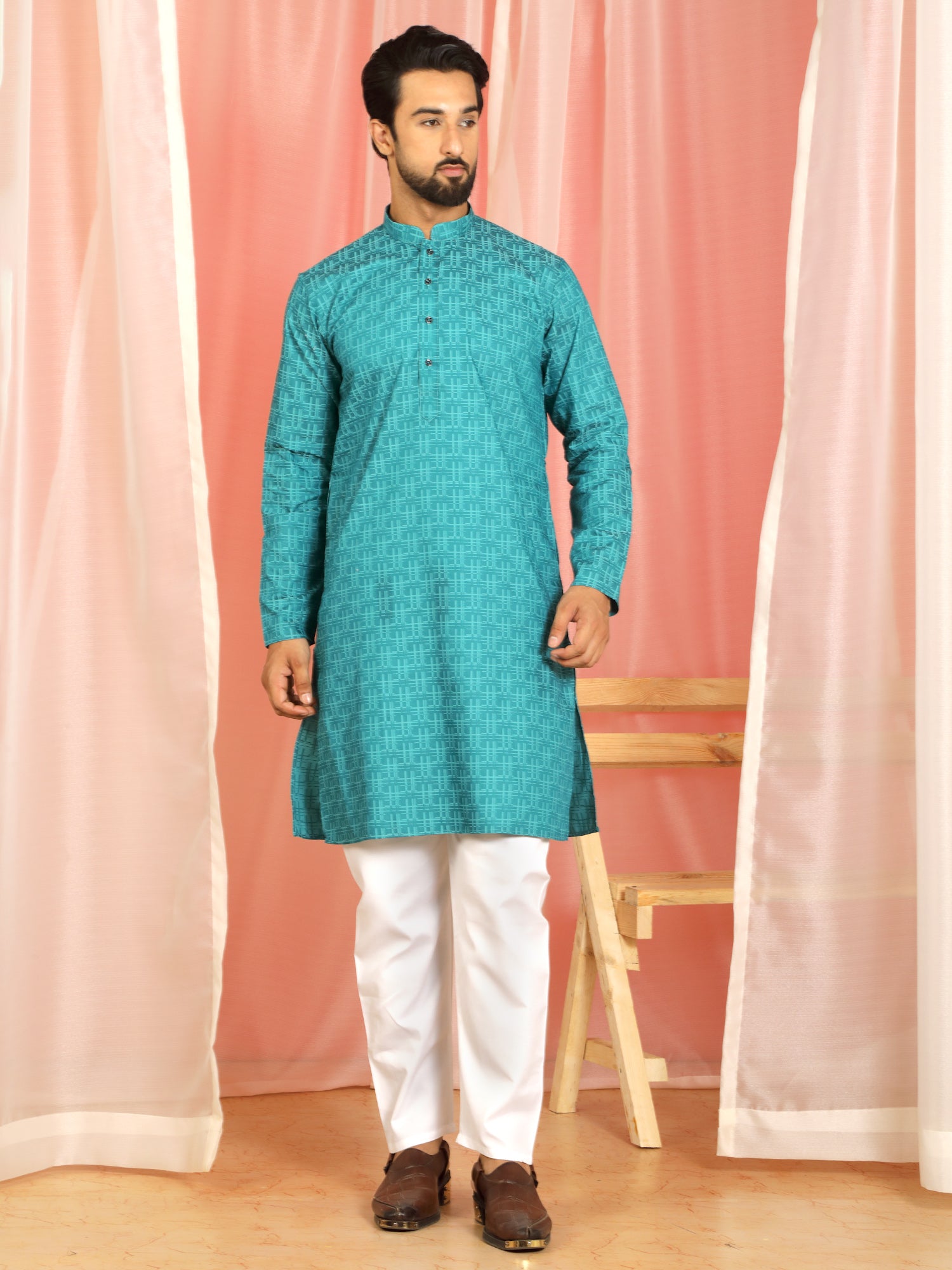Men's Cotton Geometric Patterned Straight Kurta with Trouser Set - Turquoise