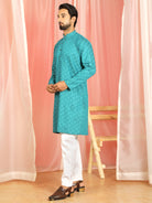 Men's Cotton Geometric Patterned Straight Kurta with Trouser Set - Turquoise