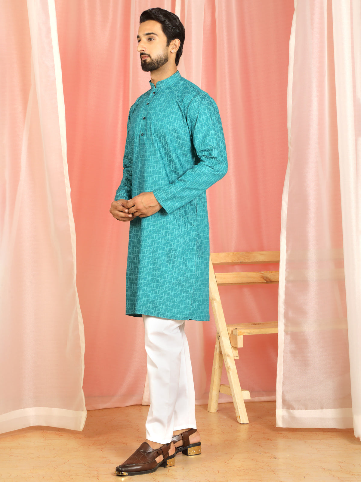 Men's Cotton Geometric Patterned Straight Kurta with Trouser Set - Turquoise