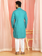 Men's Cotton Geometric Patterned Straight Kurta with Trouser Set - Turquoise