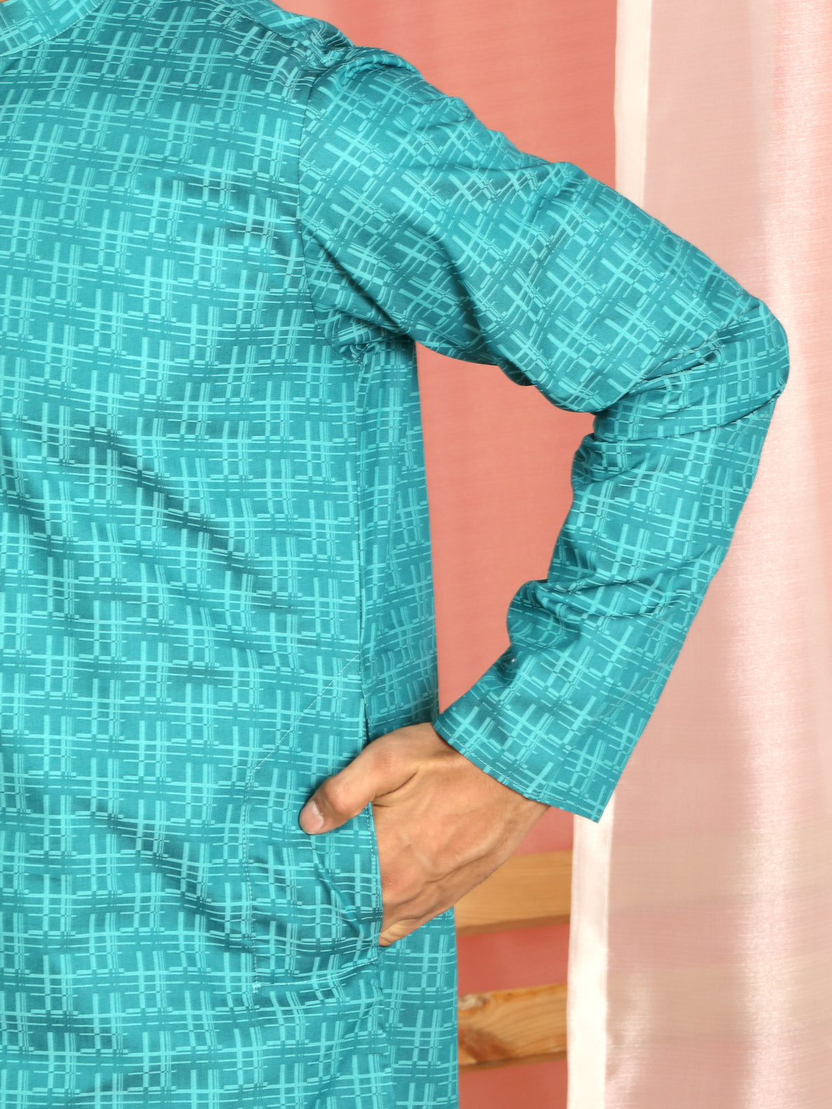 Men's Cotton Geometric Patterned Straight Kurta with Trouser Set - Turquoise