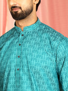 Men's Cotton Geometric Patterned Straight Kurta with Trouser Set - Turquoise