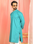 Men's Cotton Geometric Patterned Straight Kurta with Trouser Set - Turquoise