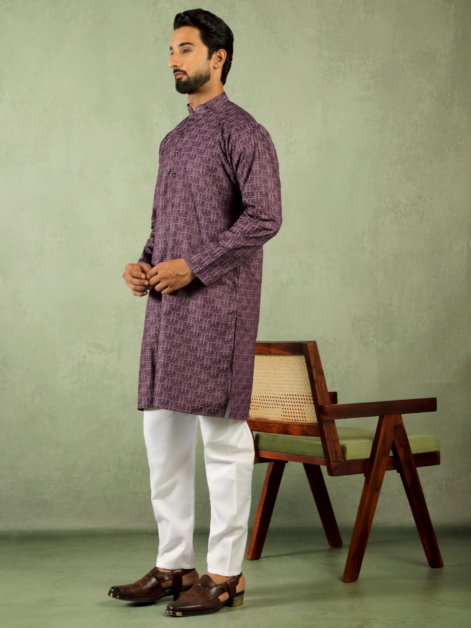 Men's Cotton Geometric Patterned Straight Kurta with Trouser Set - Wine