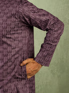 Men's Cotton Geometric Patterned Straight Kurta with Trouser Set - Wine