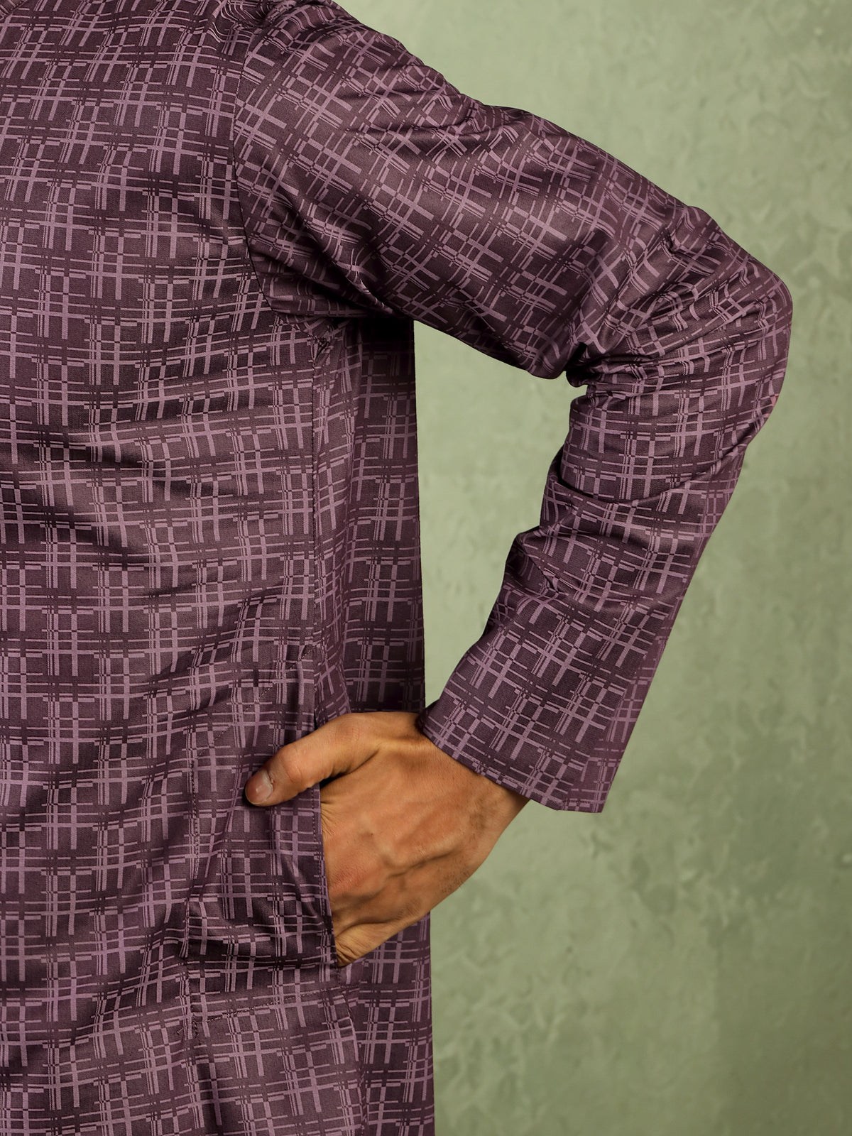 Men's Cotton Geometric Patterned Straight Kurta with Trouser Set - Wine