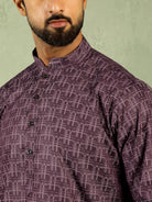 Men's Cotton Geometric Patterned Straight Kurta with Trouser Set - Wine