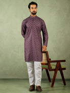 Men's Cotton Geometric Patterned Straight Kurta with Trouser Set - Wine