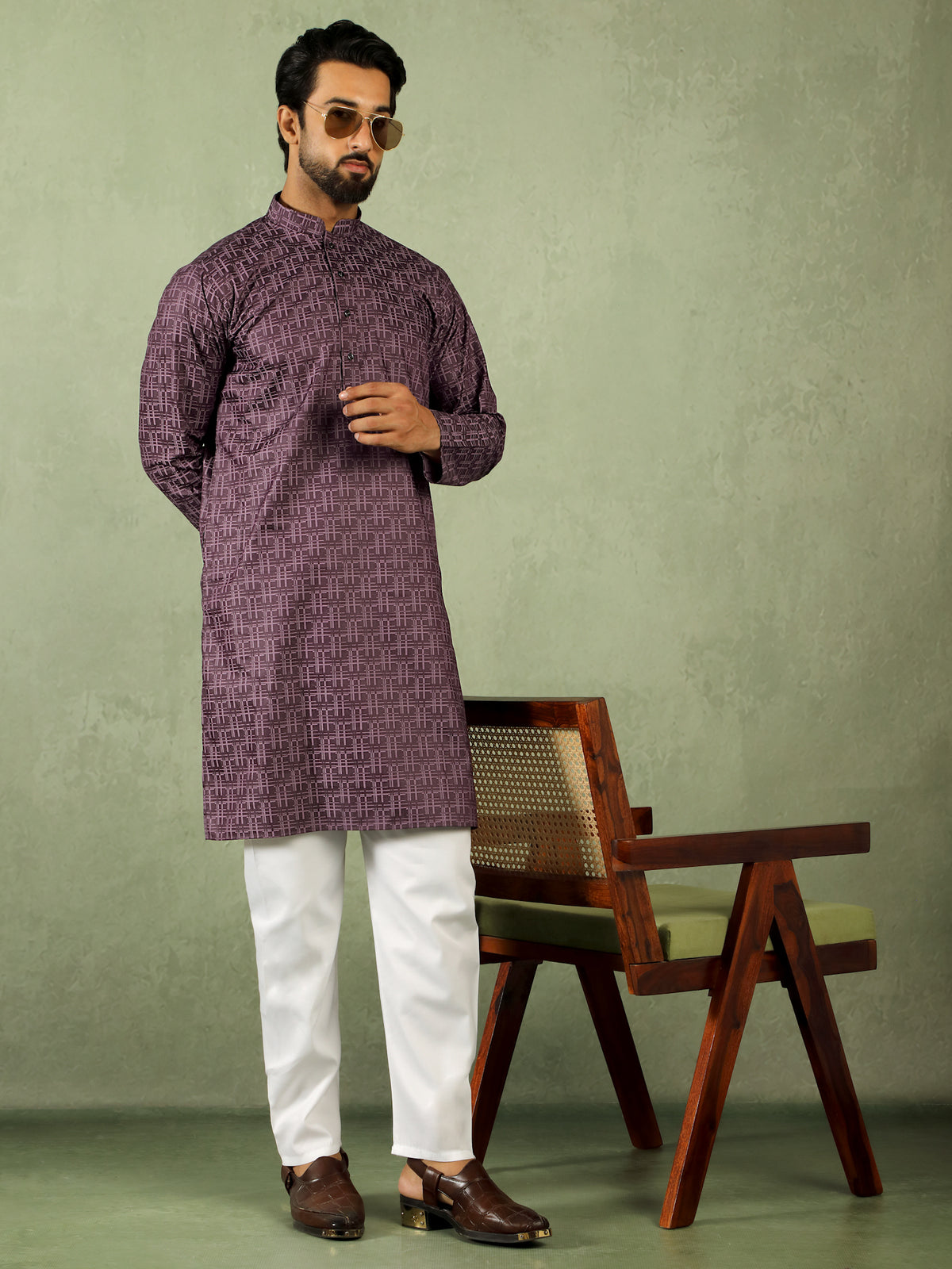 Men's Cotton Geometric Patterned Straight Kurta with Trouser Set - Wine