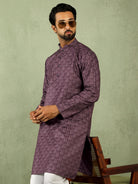 Men's Cotton Geometric Patterned Straight Kurta with Trouser Set - Wine