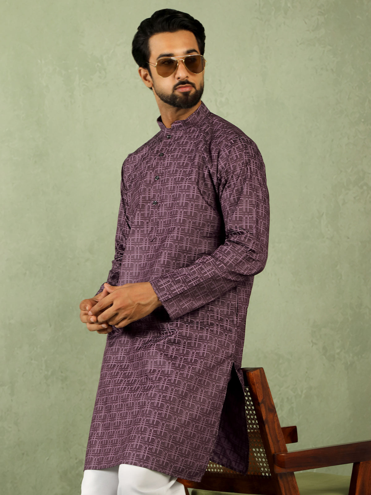 Men's Cotton Geometric Patterned Straight Kurta with Trouser Set - Wine