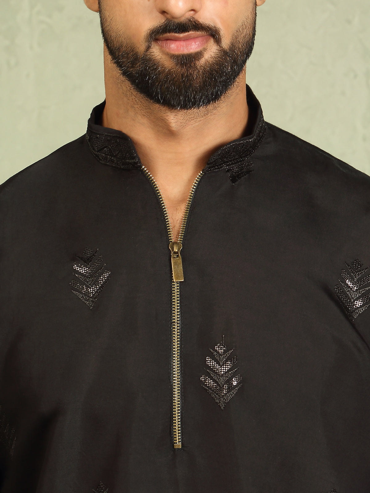 Men's Cotton Silk Ethnic Motif Embroidered Zip Closure Straight Kurta with Salwar Set - Black