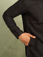 Men's Cotton Silk Ethnic Motif Embroidered Zip Closure Straight Kurta with Salwar Set - Black