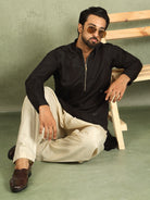 Men's Cotton Silk Ethnic Motif Embroidered Zip Closure Straight Kurta with Salwar Set - Black