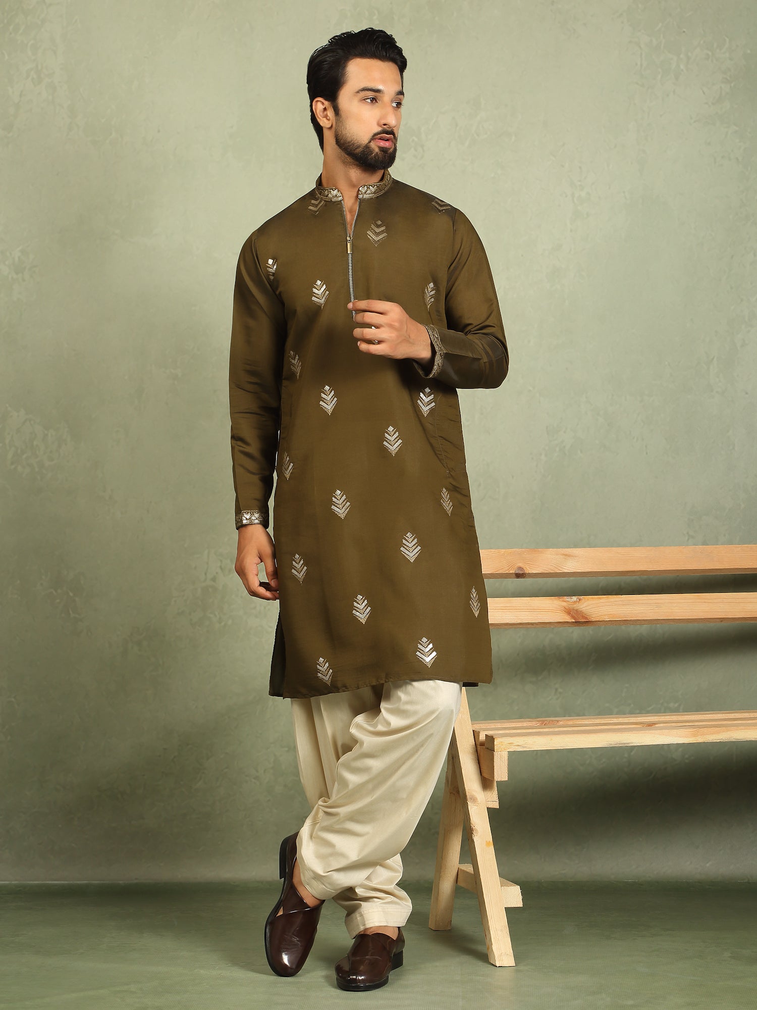 Men's Cotton Silk Ethnic Motif Embroidered Zip Closure Straight Kurta with Salwar Set - Mehndi
