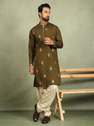 Men's Cotton Silk Ethnic Motif Embroidered Zip Closure Straight Kurta with Salwar Set - Mehndi