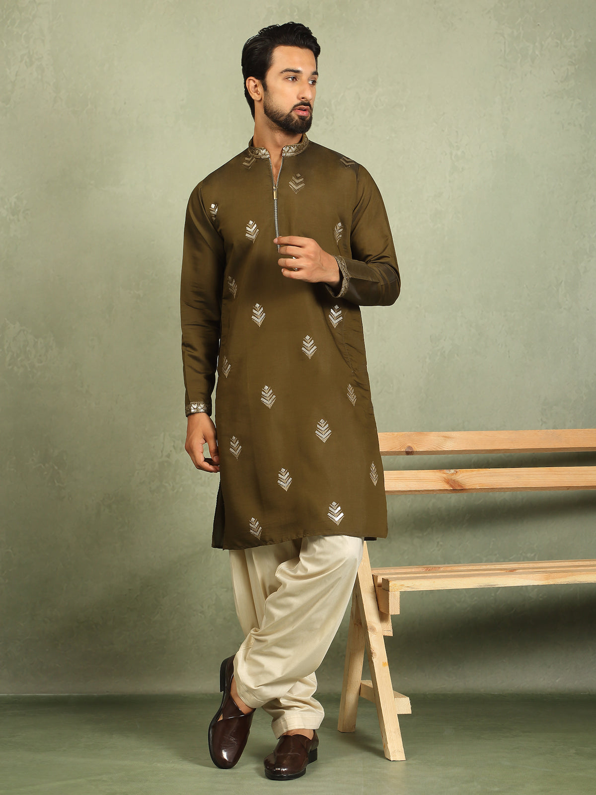 Men's Cotton Silk Ethnic Motif Embroidered Zip Closure Straight Kurta with Salwar Set - Mehndi