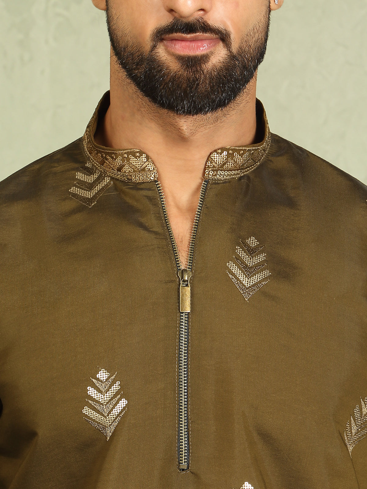 Men's Cotton Silk Ethnic Motif Embroidered Zip Closure Straight Kurta with Salwar Set - Mehndi