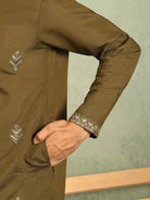 Men's Cotton Silk Ethnic Motif Embroidered Zip Closure Straight Kurta with Salwar Set - Mehndi