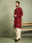 Men's Cotton Silk Ethnic Motif Embroidered Zip Closure Straight Kurta with Salwar Set - Maroon