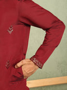 Men's Cotton Silk Ethnic Motif Embroidered Zip Closure Straight Kurta with Salwar Set - Maroon