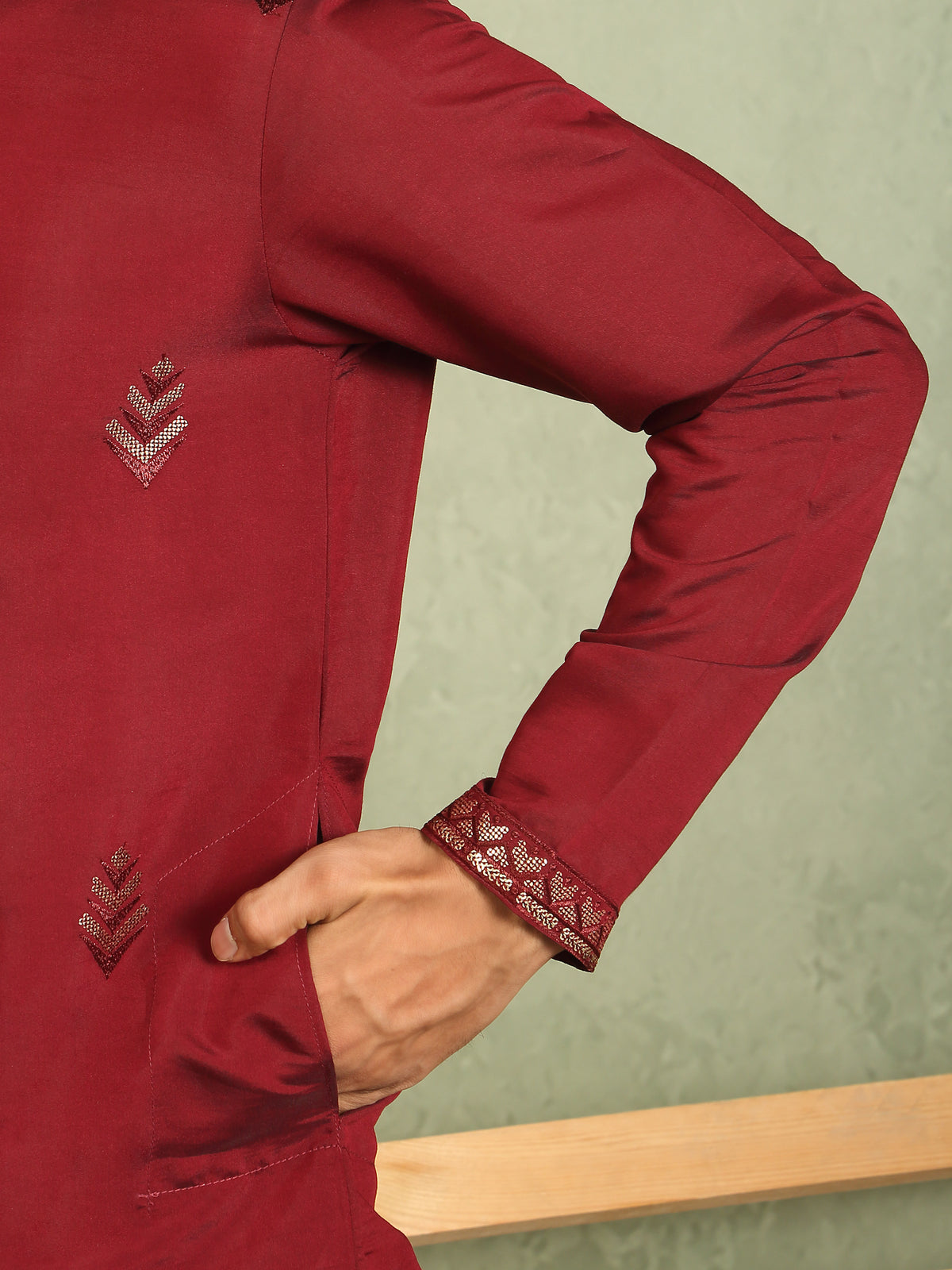 Men's Cotton Silk Ethnic Motif Embroidered Zip Closure Straight Kurta with Salwar Set - Maroon