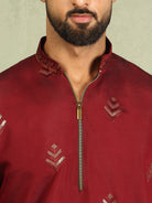 Men's Cotton Silk Ethnic Motif Embroidered Zip Closure Straight Kurta with Salwar Set - Maroon