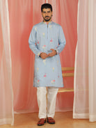 Men's Cotton Silk Floral Embroidered Zip Closure Straight Kurta with Trouser Set - Blue