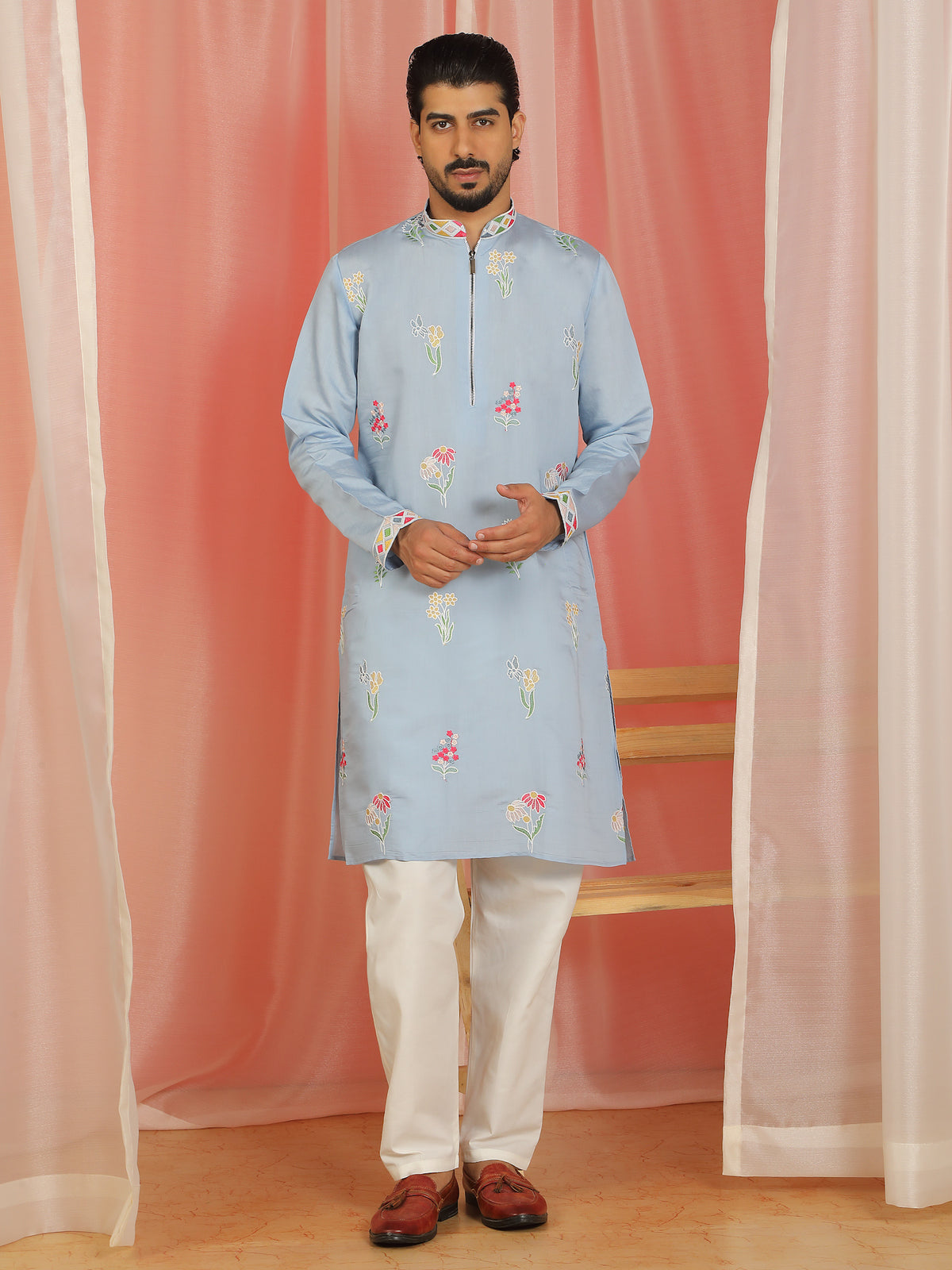 Men's Cotton Silk Floral Embroidered Zip Closure Straight Kurta with Trouser Set - Blue