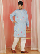 Men's Cotton Silk Floral Embroidered Zip Closure Straight Kurta with Trouser Set - Blue