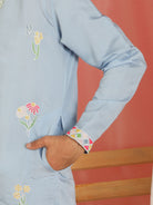 Men's Cotton Silk Floral Embroidered Zip Closure Straight Kurta with Trouser Set - Blue