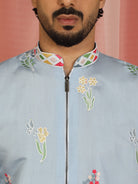 Men's Cotton Silk Floral Embroidered Zip Closure Straight Kurta with Trouser Set - Blue