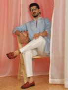 Men Cotton Silk Floral Embroidered Zip Closure Kurta - Blue
