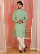 Men's Cotton Silk Floral Embroidered Zip Closure Straight Kurta with Trouser Set - Green