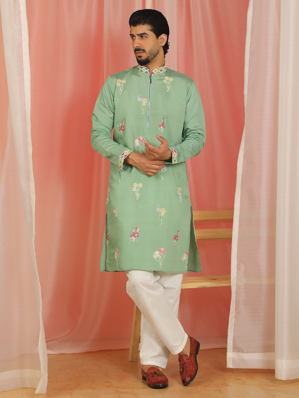 Men's Cotton Silk Floral Embroidered Zip Closure Straight Kurta with Trouser Set - Green