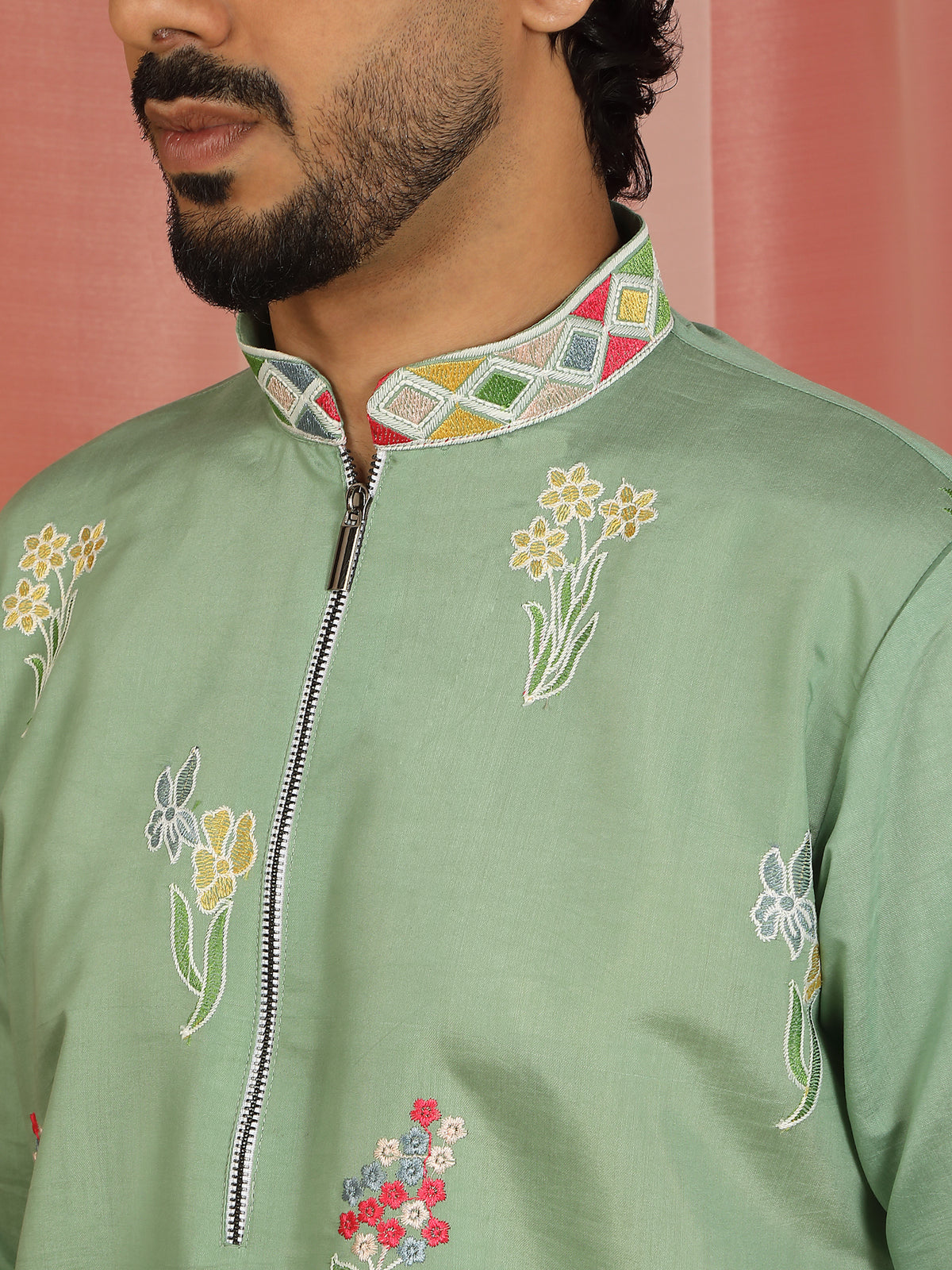 Men's Cotton Silk Floral Embroidered Zip Closure Straight Kurta with Trouser Set - Green