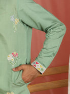 Men's Cotton Silk Floral Embroidered Zip Closure Straight Kurta with Trouser Set - Green