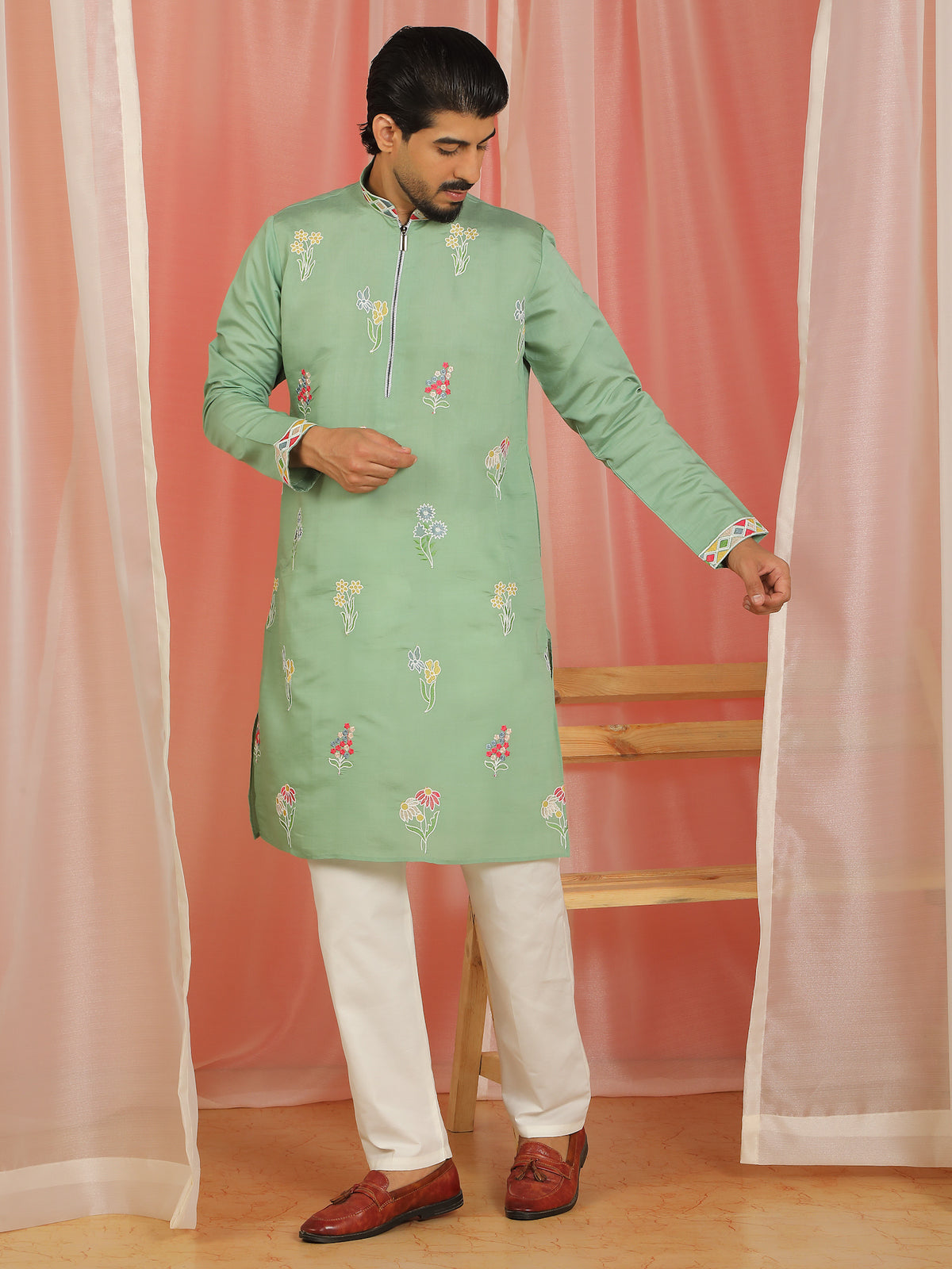 Men Cotton Silk Floral Embroidered Zip Closure Kurta - Green