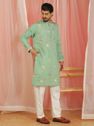 Men Cotton Silk Floral Embroidered Zip Closure Kurta - Green