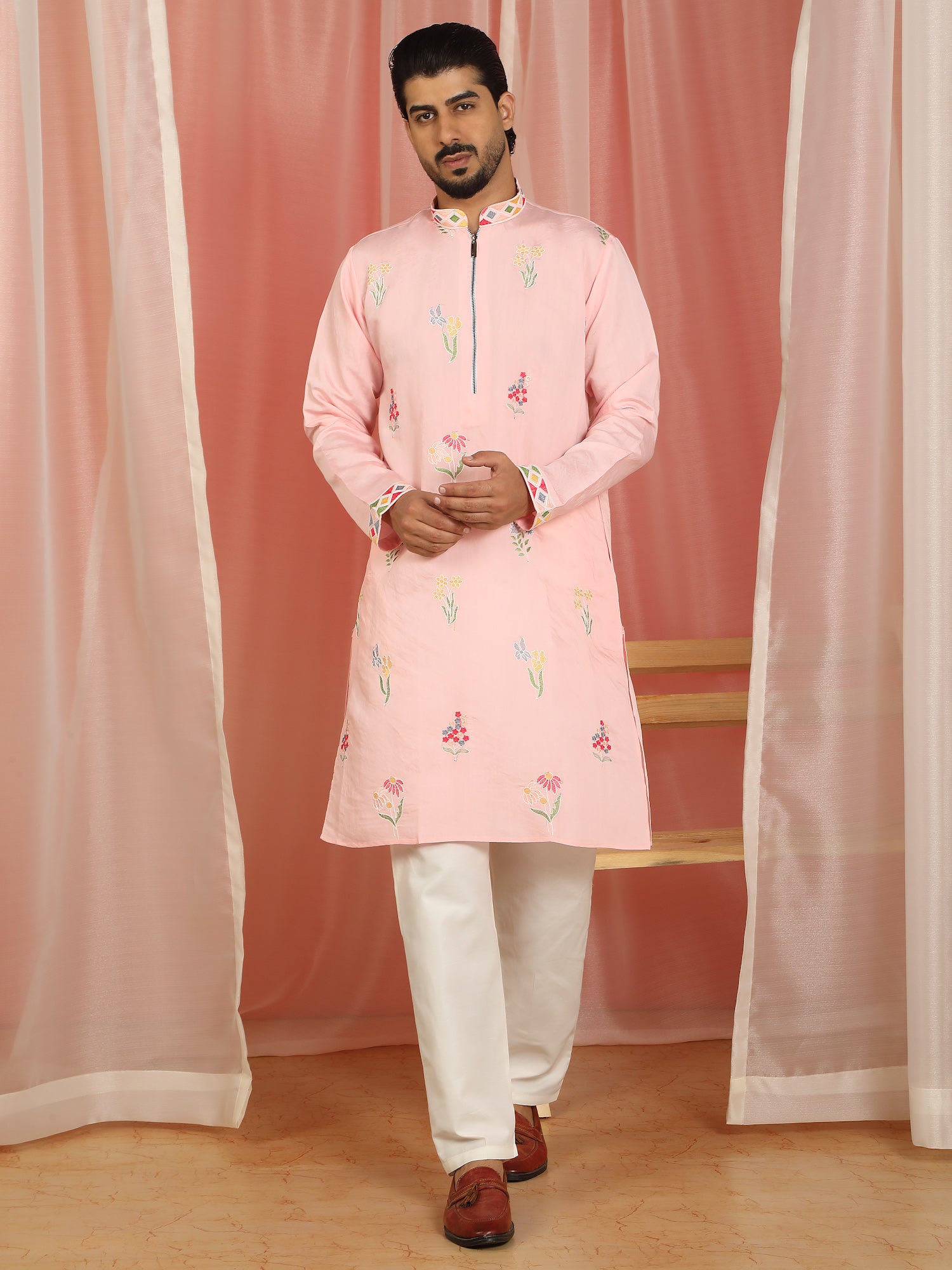 Men's Cotton Silk Floral Embroidered Zip Closure Straight Kurta with Trouser Set - Pink