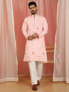 Men's Cotton Silk Floral Embroidered Zip Closure Straight Kurta with Trouser Set - Pink