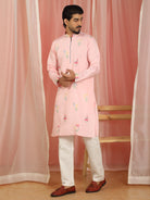 Men's Cotton Silk Floral Embroidered Zip Closure Straight Kurta with Trouser Set - Pink